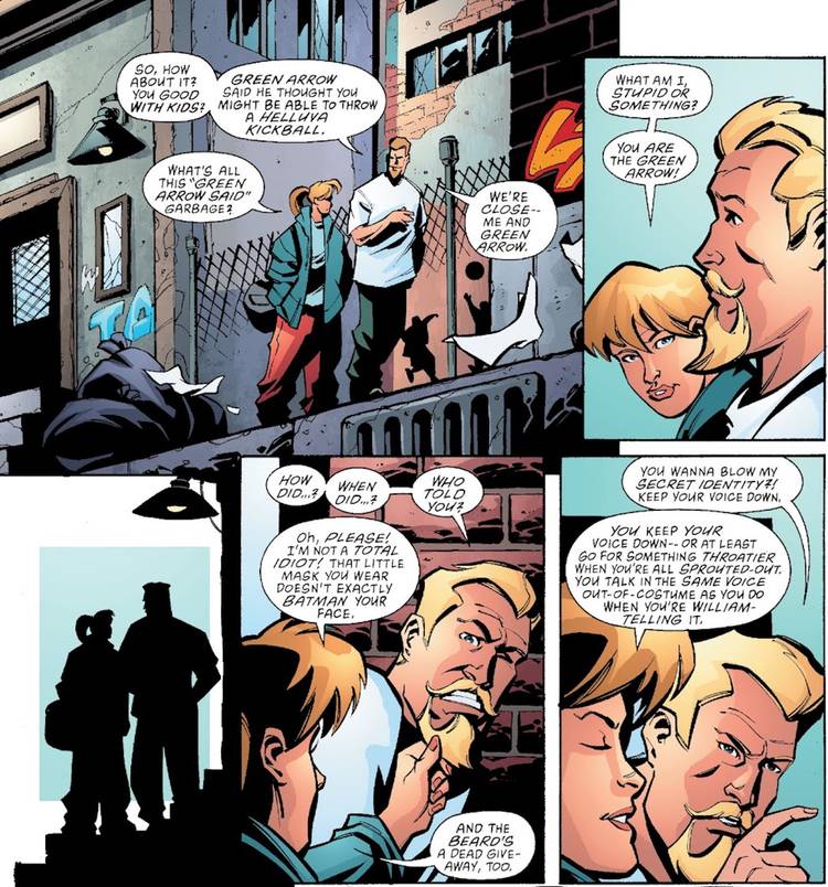 Comic book panels: Mia Dearden tells Oliver Queen she knows he’s Green Arrow.